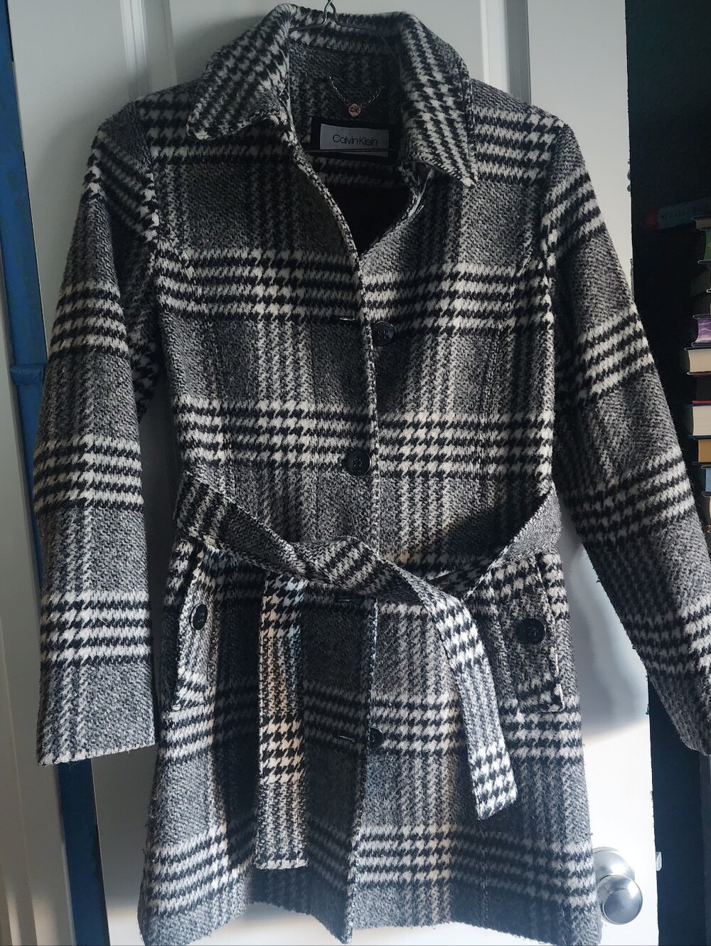 Calvin Klein Black & White Houndstooth Wool Blend Belted Coat